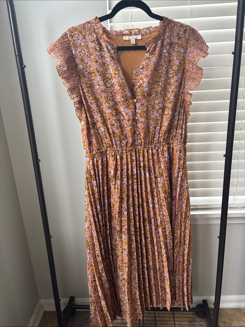 Floral Summer Pleated Midi Dress in Mustard and Pink